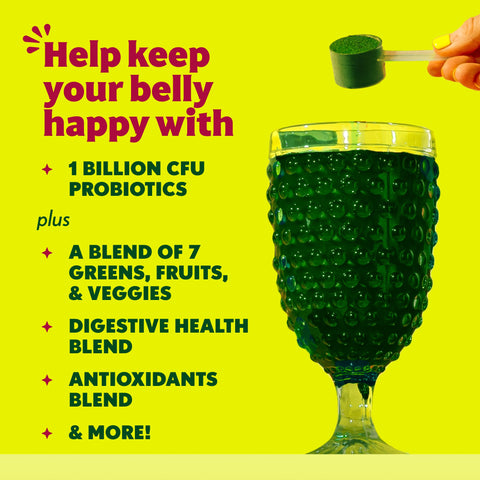 Green probiotic drink help keep your belly happy with 1 billion CFU probiotics plus a blend of 7 greens, fruits and veggies digestive health blend antioxidants blend and more
