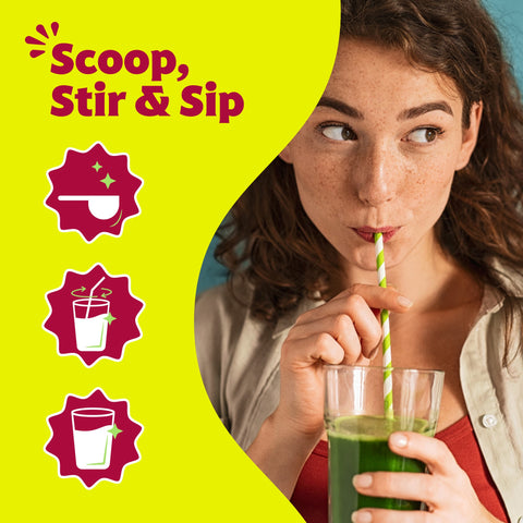 Woman drinking a green smoothie with text 'Scoop, Stir & Sip' on a yellow background