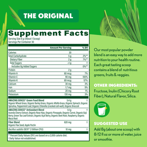 Super Greens the original Supplement facts and ingredients detail