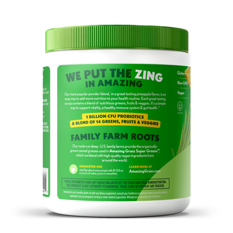 Green supplement container with text on a white background