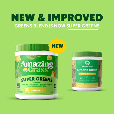 Two containers of Amazing Grass Super Greens on a green background with promotional text.