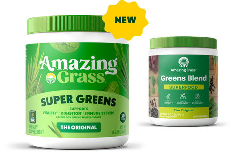 Two containers of Amazing Grass Super Greens on a white background with new packaging highlighted in front