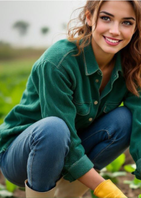 Woman in a green jacket and blue jeans crouching in a field, wearing yellow gloves.