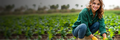 Woman in a green jacket and jeans standing in a field of green plants.