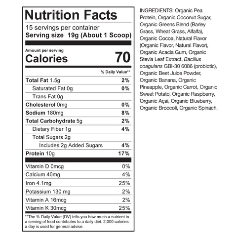 Children's Chocolate Organic Protein Powder Nutritional Info By Amazing Grass