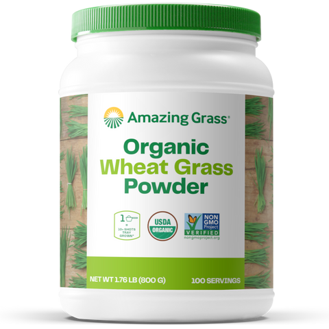 Container of Healthy Organic Wheat Grass Powder