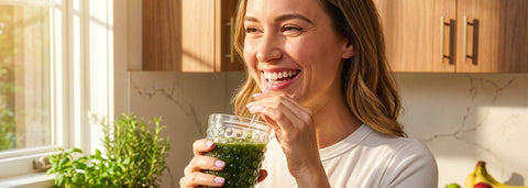 woman drinking green smoothie in kitchen