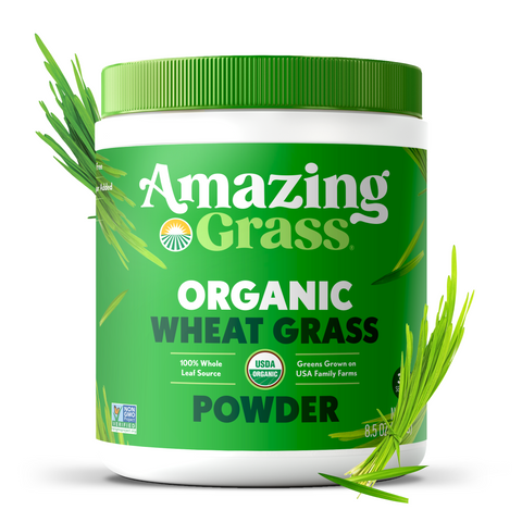 Container of Amazing Grass Organic Wheat Grass Powder on a white background