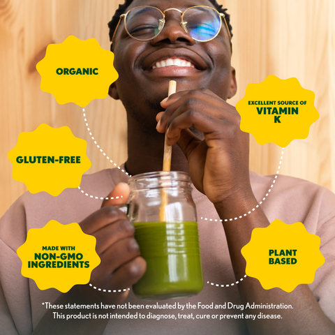 Person drinking a green smoothie with health benefits highlighted in yellow text bubbles.
