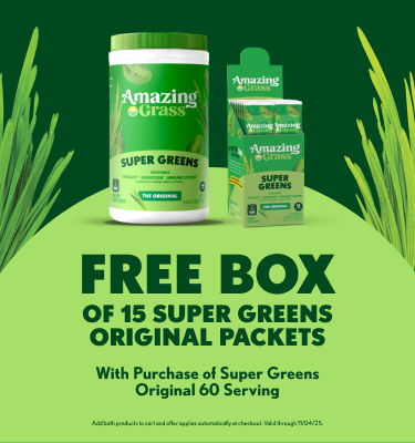 FREE Super Greens Original 15-Pack with purchase of 60-Serving. Add both to cart and discount applies at checkout. Offer valid through 11/04/25.