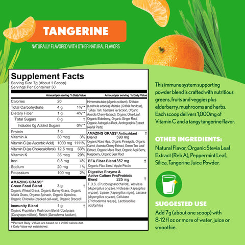 Supplement facts label for a tangerine-flavored product with green background and orange elements.