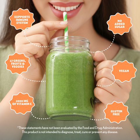 Person holding a green smoothie with health benefits text overlay