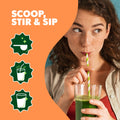 Woman drinking green juice with text 'SCOOP, STIR & SIP' and icons on an orange background