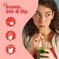 Woman drinking green juice with text 'Scoop, Stir & Sip' on a pink background