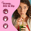 Woman drinking a green smoothie with text 'Scoop, Stir & Sip' on a pink background