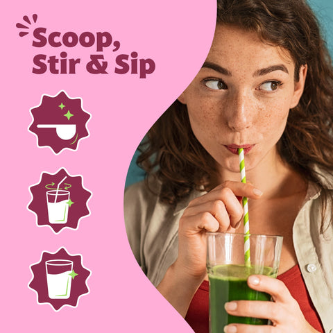Woman drinking a green smoothie with text 'Scoop, Stir & Sip' on a pink background
