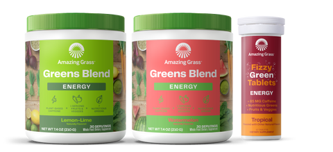 AG Energy lineup of Greens Blend Energy lemon-lime, watermelon and fizzy green tablets tropical