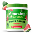 Container of Amazing Grass Super Greens Energy supplement with watermelon flavor on a white background