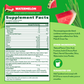 Supplement facts label for a watermelon-flavored supplement with green background and watermelon graphics.