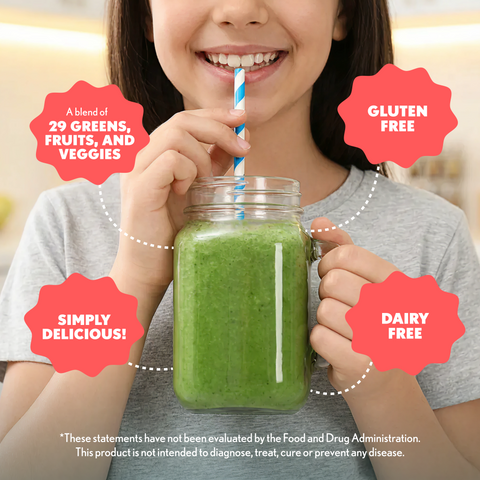 Child drinking a green smoothie from a jar with health benefits text overlay.