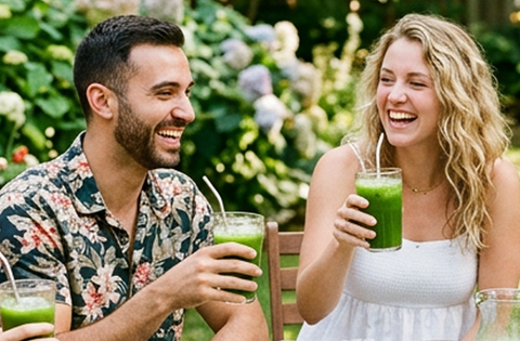 two people drinking green juice outside