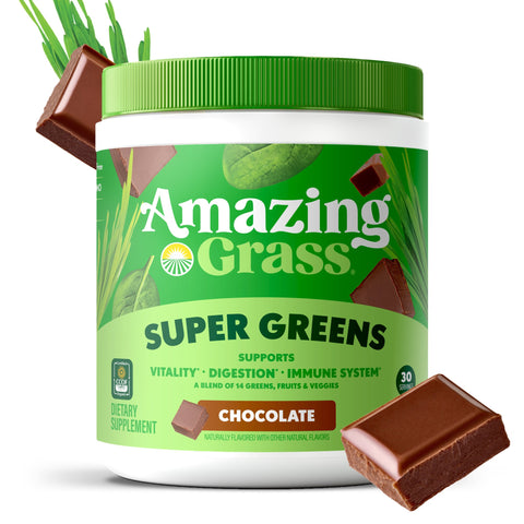 Super Greens Chocolate front of packaging with flavor cues