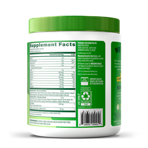 Green supplement container with label showing supplement facts on a white background