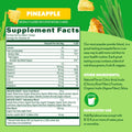 Supplement facts label for a pineapple-flavored supplement on a green background with pineapple pieces.