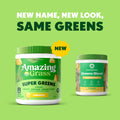 Two containers of Amazing Grass Super Greens on a green background with text new name new look same greens