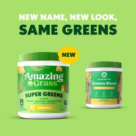 Two containers of Amazing Grass Super Greens on a green background with text new name new look same greens