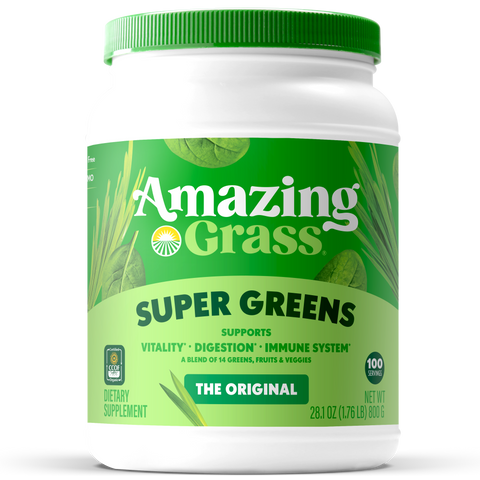Container of Amazing Grass Super Greens 100 serving supplement on a white background
