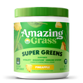 Amazing Grass Super Greens supplement container with green lid and label on a white background