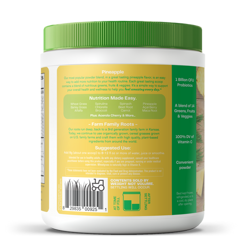 Nutritional supplement container with green lid and yellow label on a white background