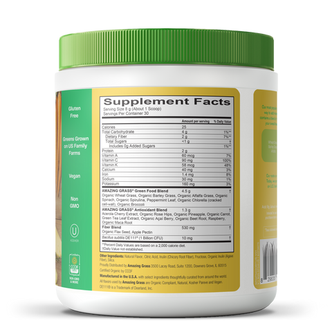 Supplement container with green lid and label displaying supplement facts on a white background