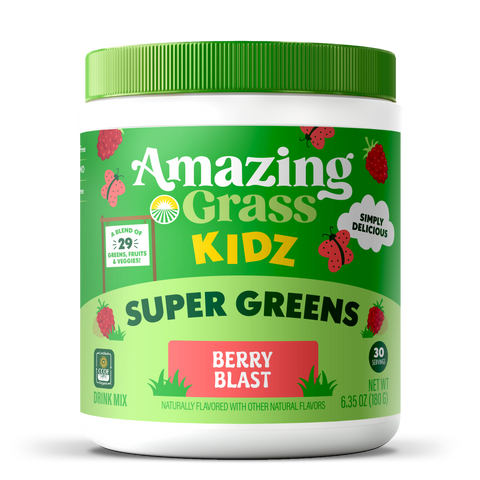 Container of Amazing Grass Kidz Super Greens Berry Blast on a white background