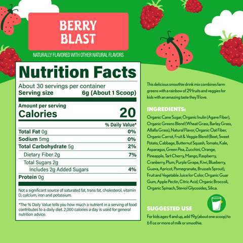 Nutrition facts label for a berry blast smoothie mix with ingredients and suggested use on a green background.