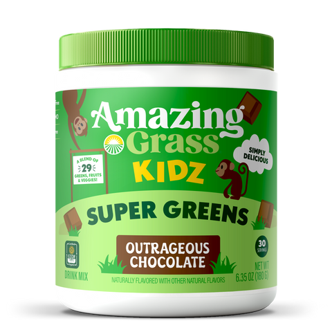 Container of Amazing Grass Kidz Super Greens Outrageous Chocolate flavor on a white background