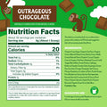 Nutrition facts label for Outrageous Chocolate with a green background and monkey illustration.