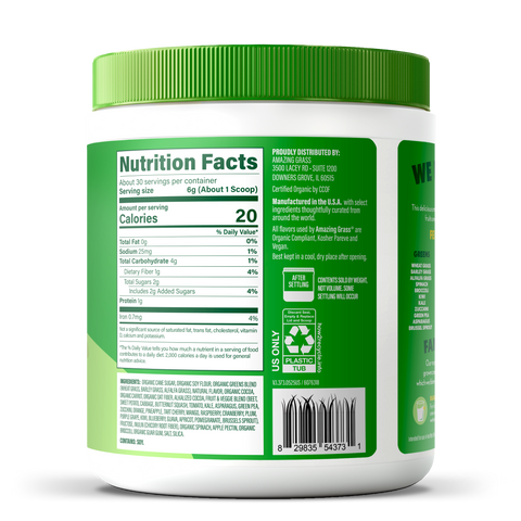 Green and white supplement container with nutrition facts label on a white background