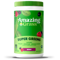 Green supplement container labeled 'Amazing Grass Super Greens' on a white background