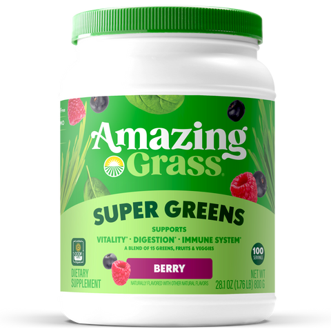 Amazing Grass Super Greens dietary supplement container on a white background