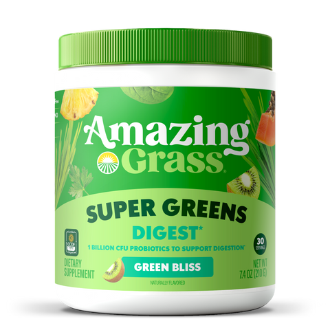 Container of Amazing Grass Super Greens Digest supplement on a white background