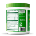Supplement container with green lid and label displaying supplement facts on a white background