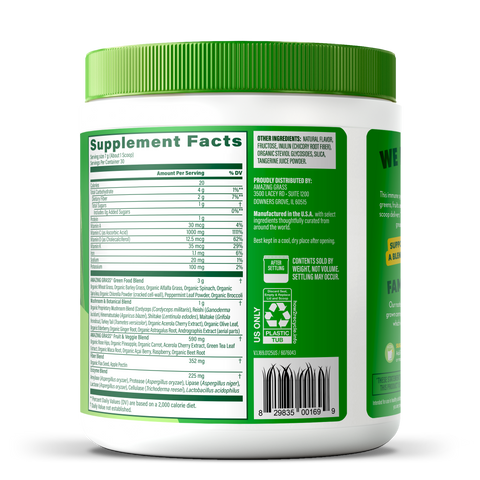 Supplement container with green lid and label displaying supplement facts on a white background
