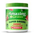 Container of Amazing Grass Super Greens Energy supplement with watermelon flavor on a white background