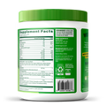 Supplement container with green lid and label on a white background