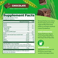Supplement facts label for a chocolate-flavored product with green background and pea protein imagery.