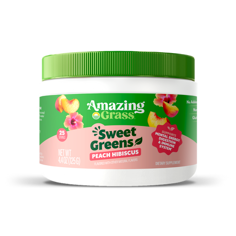 Amazing Grass Sweet Greens 25 serving supplement jar with green lid on a white background