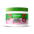 A white plastic tub of Amazing Grass Sweet Greens Summer Berry 25 servings dietary supplement powder with a green ribbed lid and a green and pink label, shown on a white background with a soft shadow.