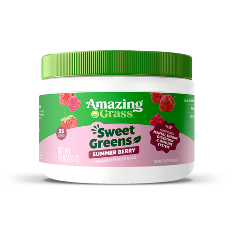 A white plastic tub of Amazing Grass Sweet Greens Summer Berry 25 servings dietary supplement powder with a green ribbed lid and a green and pink label, shown on a white background with a soft shadow.